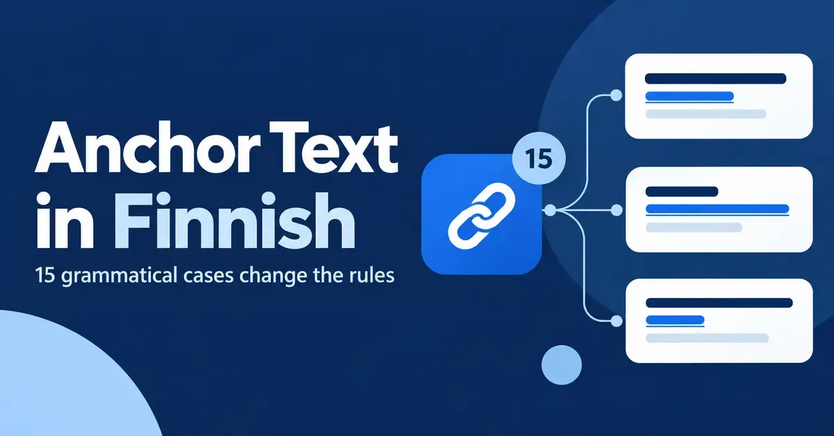 A blue graphic showing a hyperlink branching into three text cards, illustrating how Finnish’s 15 grammatical cases change anchor text.