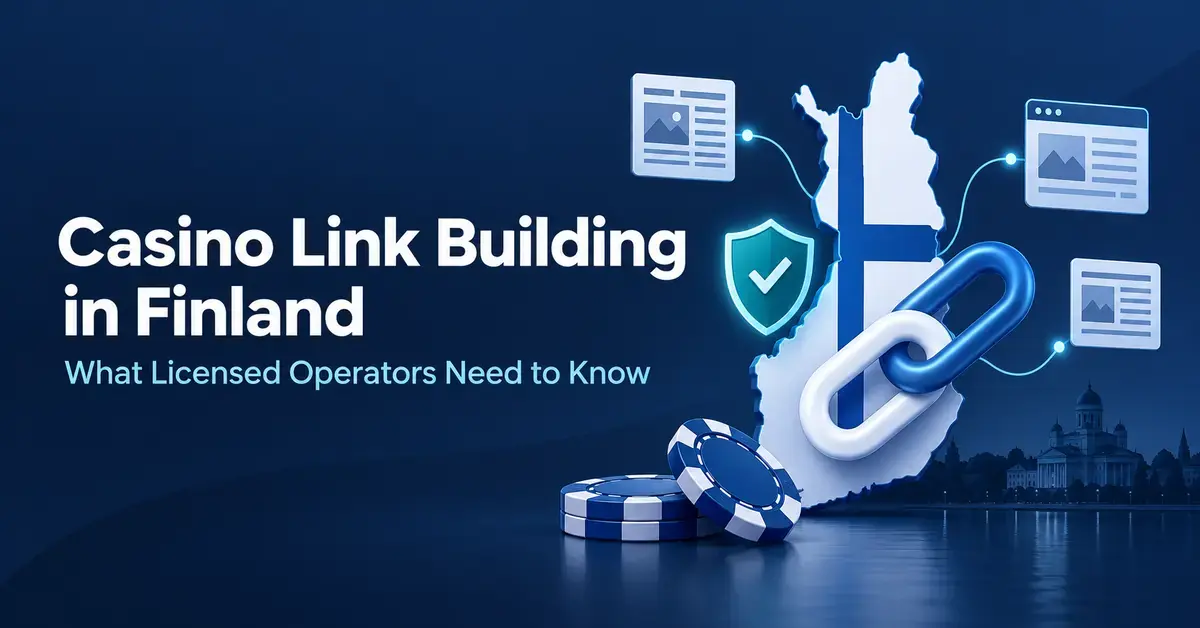 Graphic illustrating casino link building in Finland with a Finnish map, chain links, a licensing shield, casino chips and connected media pages.