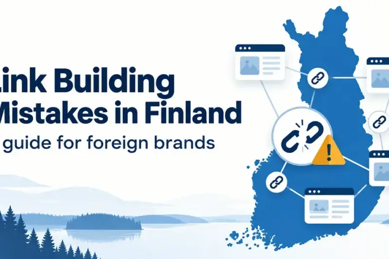 A blue map of Finland with connected website icons, a broken link and a warning symbol illustrates link building mistakes foreign brands should avoid.