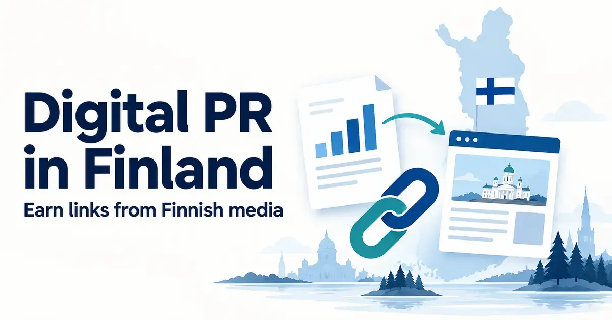 Illustration of research and news articles linked over a map of Finland, with the heading ‘Digital PR in Finland’.