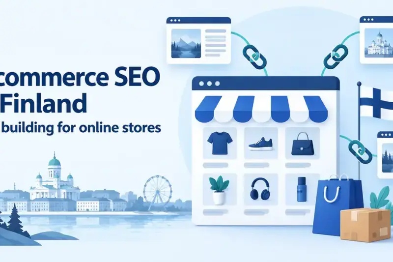 Illustration of a Finnish online shop connected to other websites by chain links, with a Finnish flag and the headline “E-commerce SEO in Finland: Link building for online stores”.