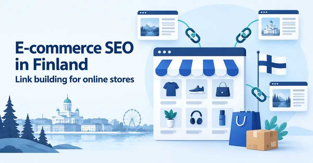 Illustration of a Finnish online shop connected to other websites by chain links, with a Finnish flag and the headline “E-commerce SEO in Finland: Link building for online stores”.