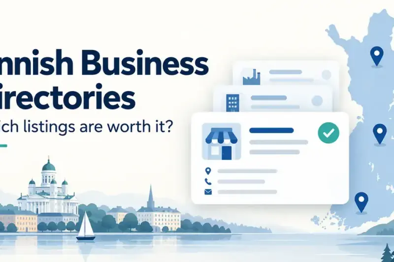 Illustration of verified business directory listings beside a map of Finland and the Helsinki waterfront.