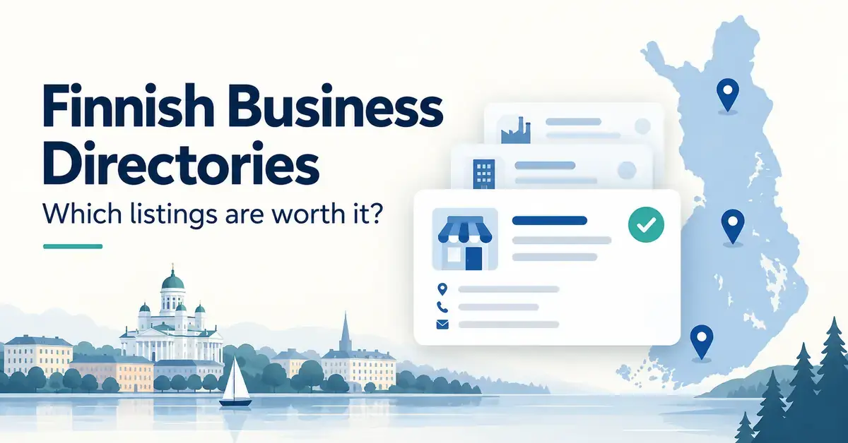 Illustration of verified business directory listings beside a map of Finland and the Helsinki waterfront.