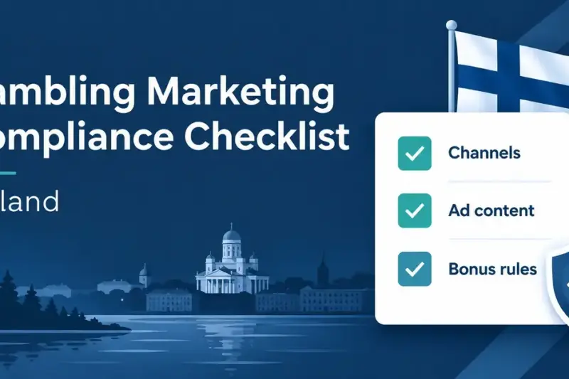 A Finnish flag and compliance shield accompany a gambling marketing checklist covering channels, ad content and bonus rules, with Helsinki’s skyline in the background.