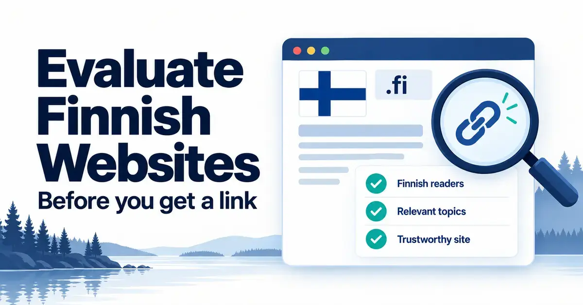 A Finnish website evaluation graphic featuring a magnifying glass over a link symbol and a checklist for Finnish readers, relevant topics and a trustworthy site.