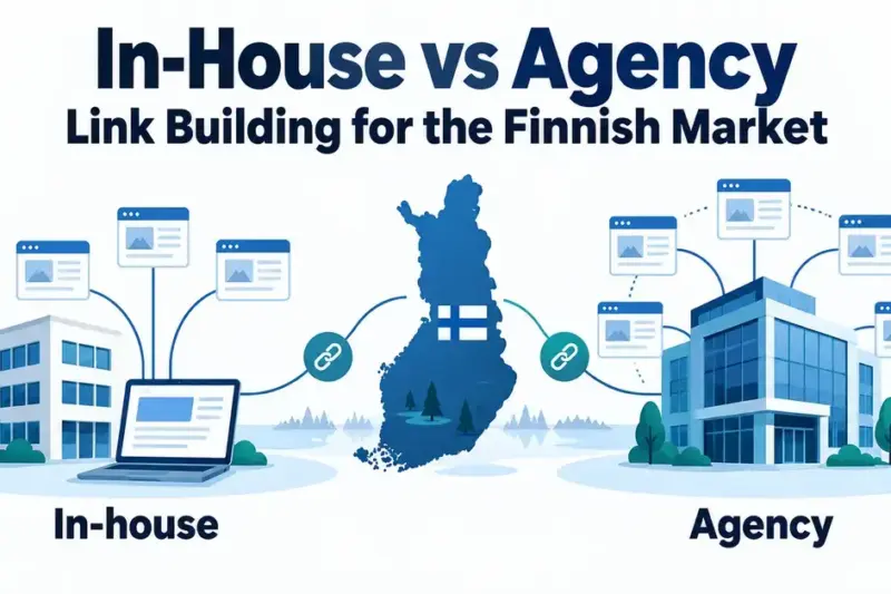 Comparison of in-house and agency link building, showing office buildings and connected web pages on either side of a map of Finland.