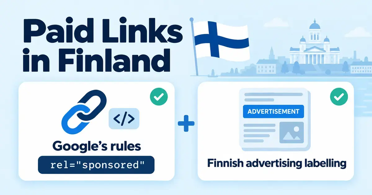Graphic showing paid links in Finland with Google's rel="sponsored" requirement alongside Finnish advertising labelling, illustrated by a link icon, an advertisement label and the Finnish flag.