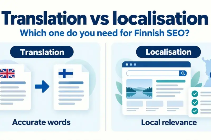 Comparison of translation and localisation for Finnish SEO, showing translated documents alongside a locally adapted web page with a Finland map and checklist.