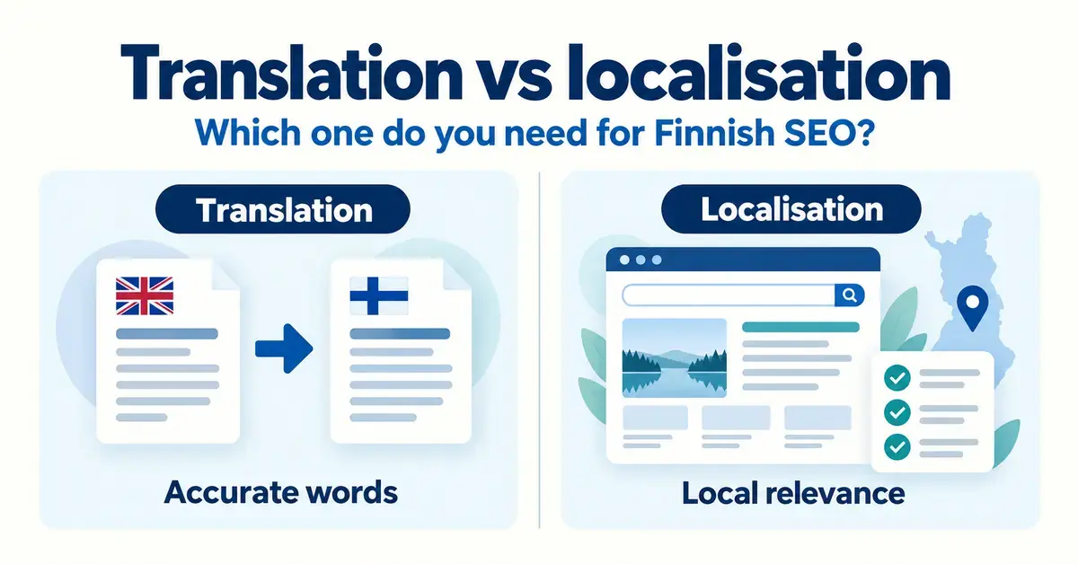 Comparison of translation and localisation for Finnish SEO, showing translated documents alongside a locally adapted web page with a Finland map and checklist.