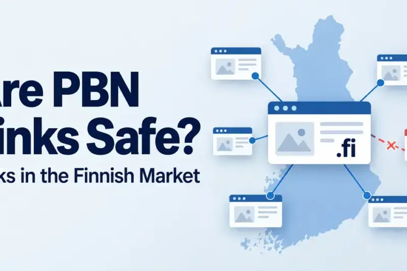 A network of websites surrounding a .fi site over a map of Finland, with a broken link and warning symbol illustrating private blog network risks.