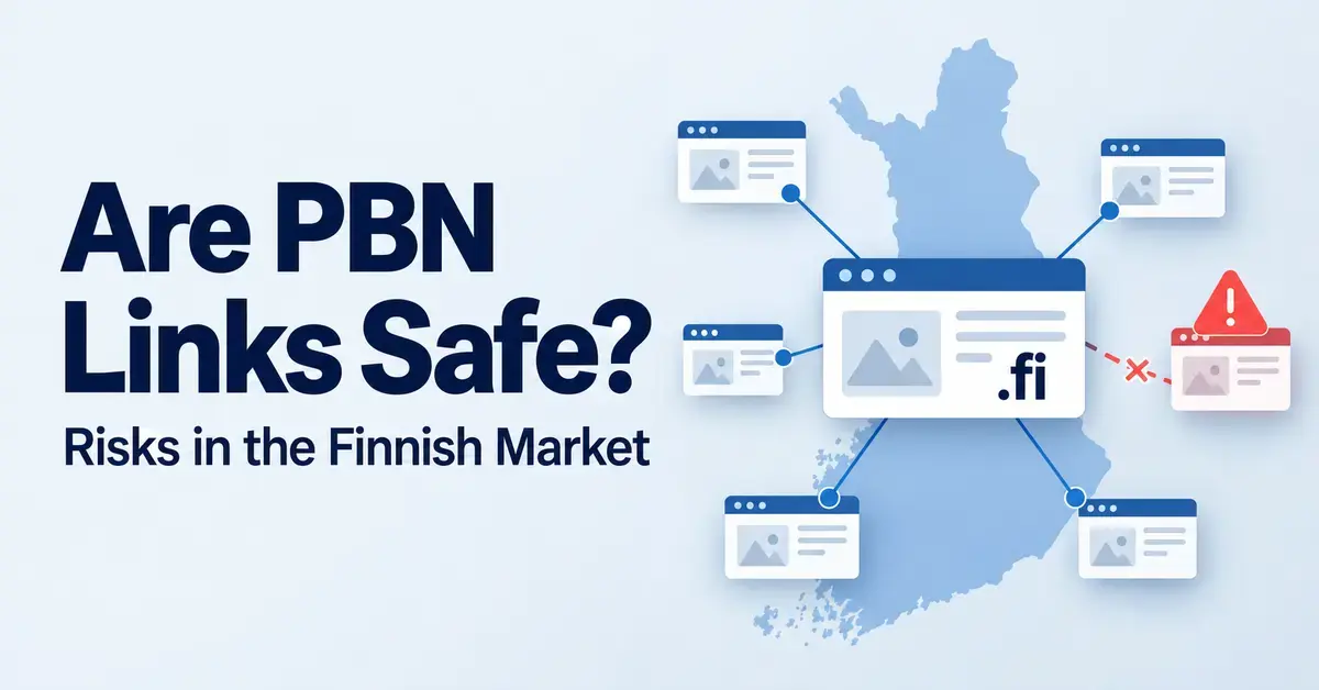 A network of websites surrounding a .fi site over a map of Finland, with a broken link and warning symbol illustrating private blog network risks.
