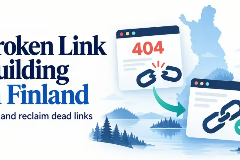 Illustration of a broken 404 link being replaced with a working link against a map of Finland and a Finnish lake landscape.