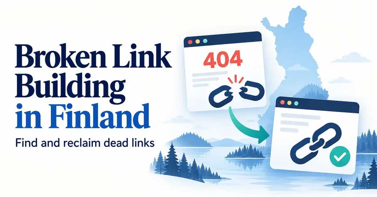 Illustration of a broken 404 link being replaced with a working link against a map of Finland and a Finnish lake landscape.