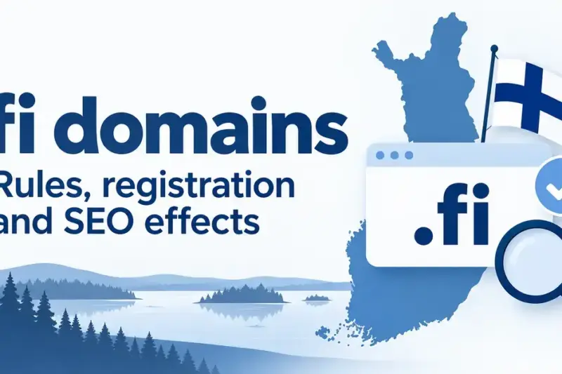 Graphic about .fi domain rules, registration and SEO effects, featuring a map of Finland, the Finnish flag, a browser window and a magnifying glass.