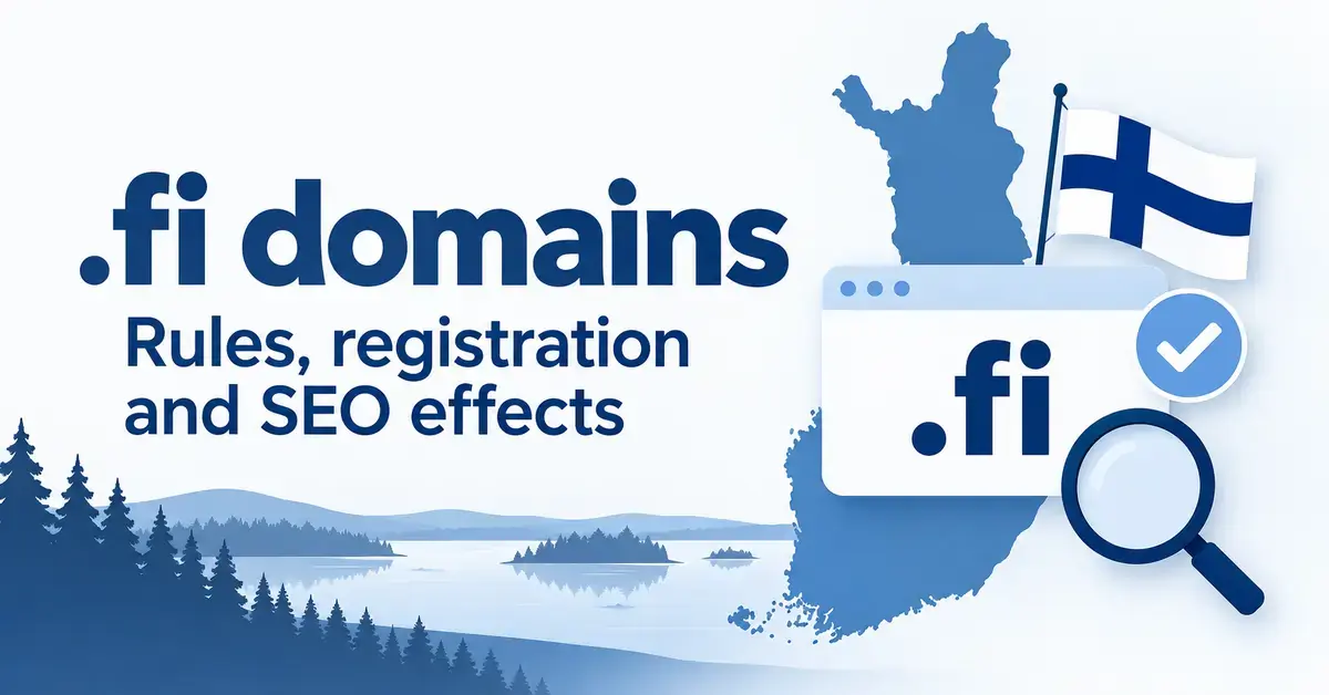 Graphic about .fi domain rules, registration and SEO effects, featuring a map of Finland, the Finnish flag, a browser window and a magnifying glass.