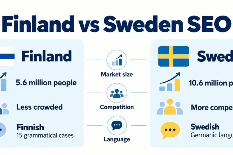 A comparison of Finland and Sweden for SEO, highlighting population size, search competition and differences between Finnish and Swedish.