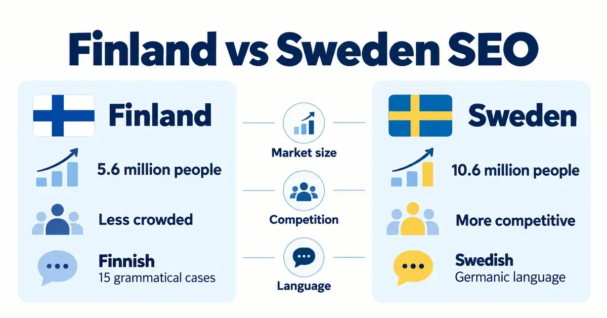 A comparison of Finland and Sweden for SEO, highlighting population size, search competition and differences between Finnish and Swedish.