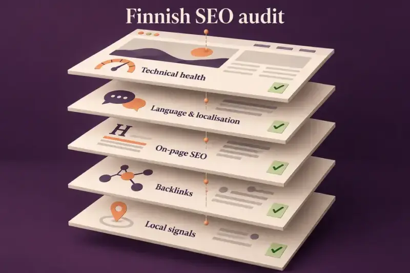 Five stacked inspection sheets illustrate a Finnish SEO audit covering technical health, language and localisation, on-page SEO, backlinks and local signals.