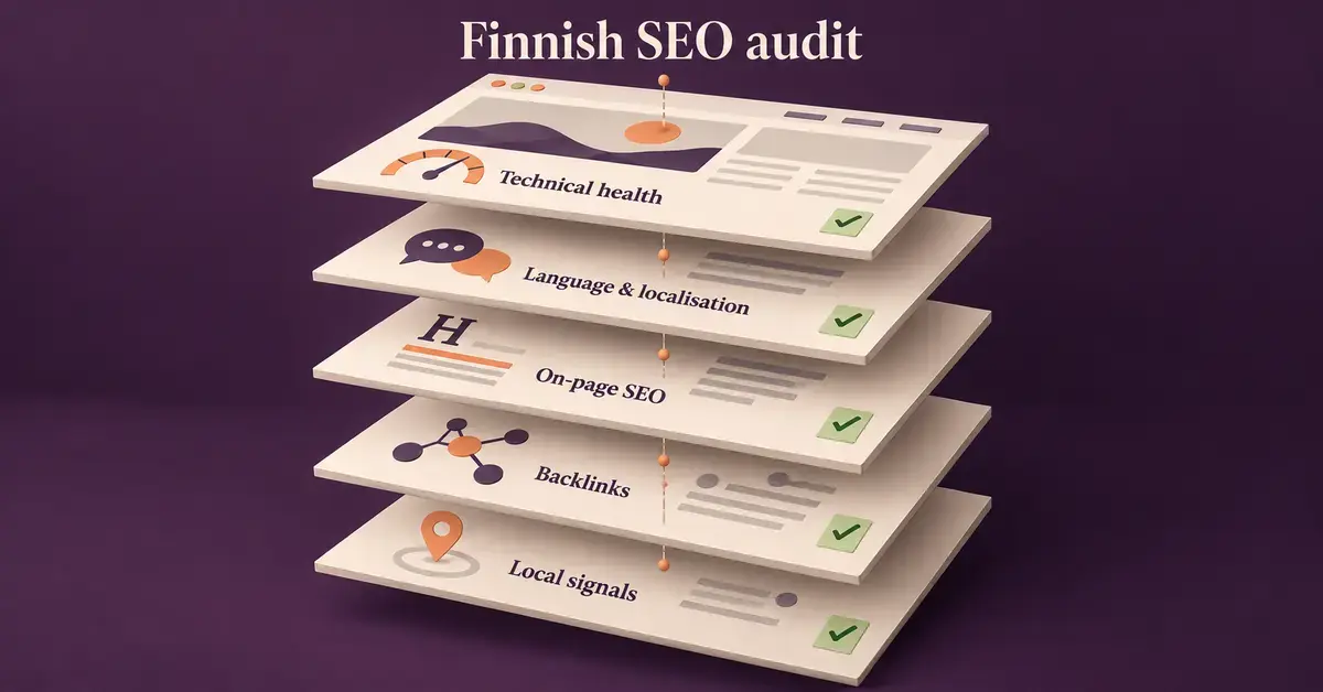 Five stacked inspection sheets illustrate a Finnish SEO audit covering technical health, language and localisation, on-page SEO, backlinks and local signals.