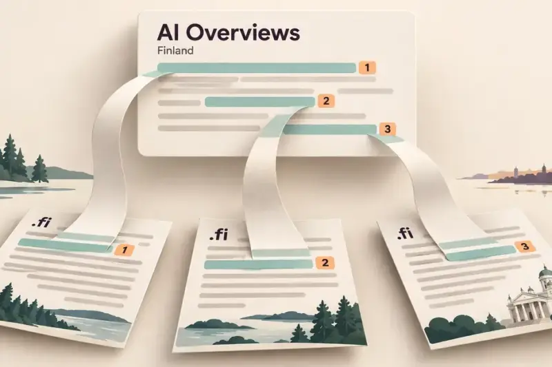 Paper strips connect highlighted passages on three Finnish web pages to numbered citations in an AI Overviews summary, framed by Finnish scenery.