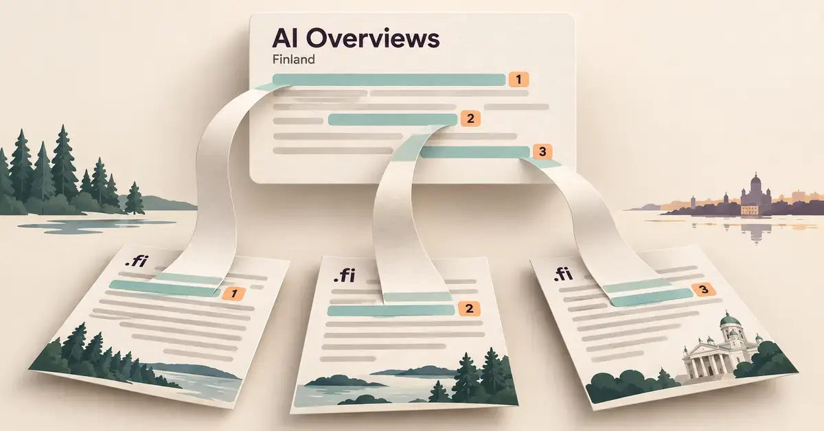 Paper strips connect highlighted passages on three Finnish web pages to numbered citations in an AI Overviews summary, framed by Finnish scenery.