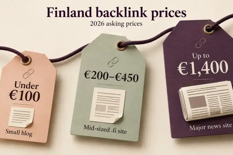 Three linked price tags show 2026 backlink asking prices in Finland: under €100 for a small blog, €200–€450 for a mid-sized .fi site and up to €1,400 for a major news site.
