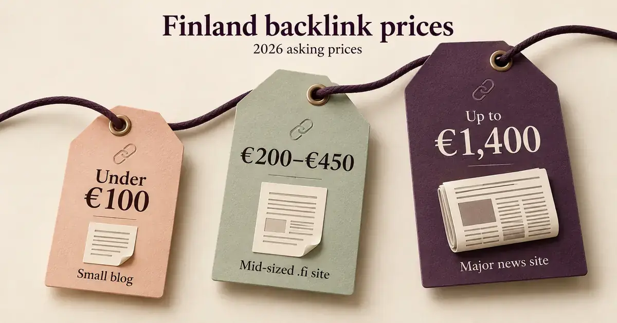 Three linked price tags show 2026 backlink asking prices in Finland: under €100 for a small blog, €200–€450 for a mid-sized .fi site and up to €1,400 for a major news site.