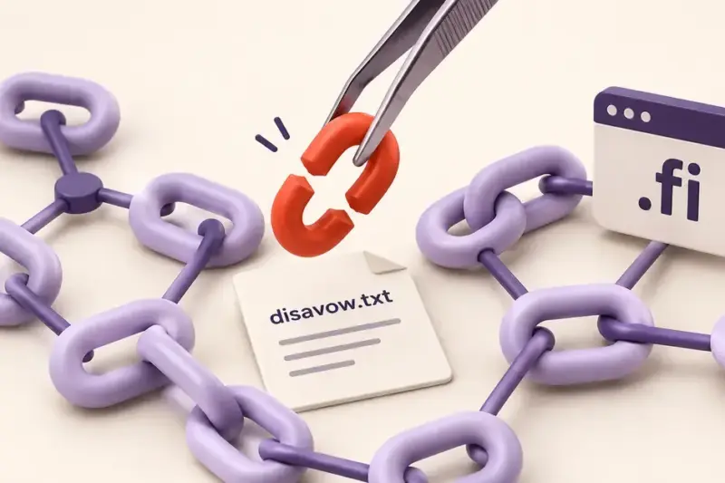 Tweezers lift a broken red backlink from a network of lavender links beside a .fi website and a disavow.txt file.