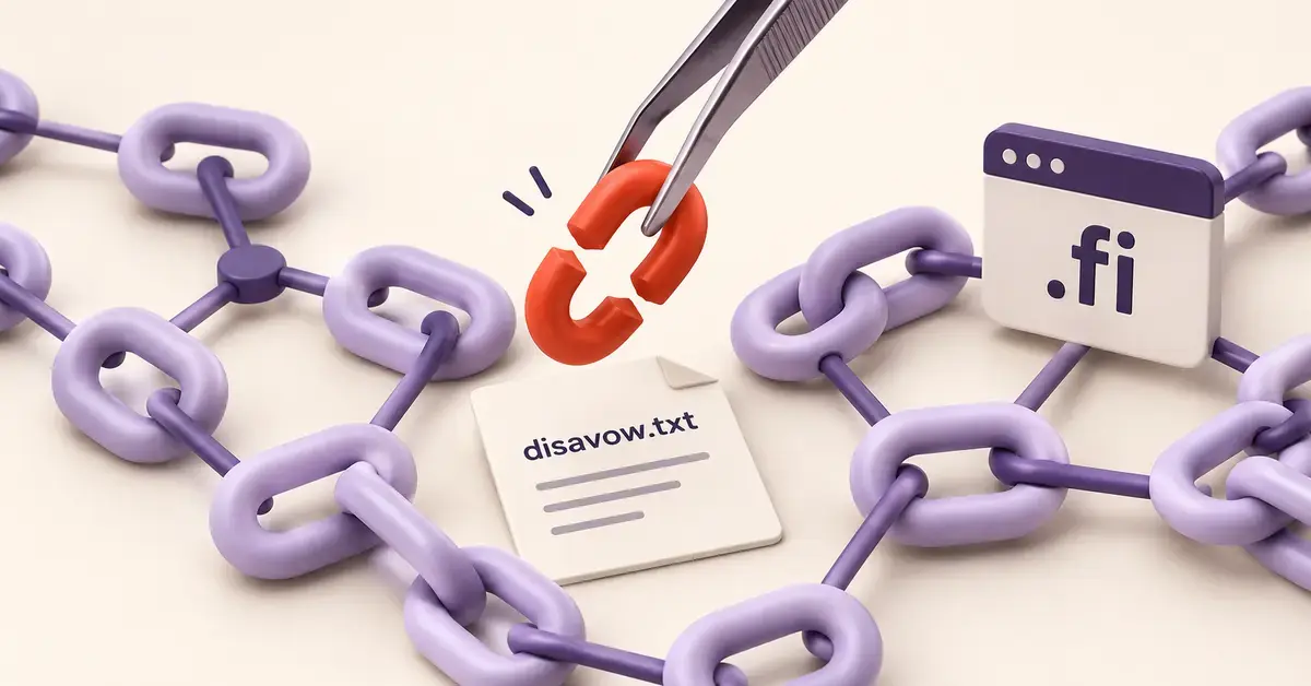 Tweezers lift a broken red backlink from a network of lavender links beside a .fi website and a disavow.txt file.