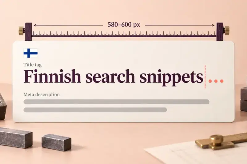 A Finnish search snippet on a typographer’s measuring bench illustrates the 580–600 pixel title width and space for a meta description.