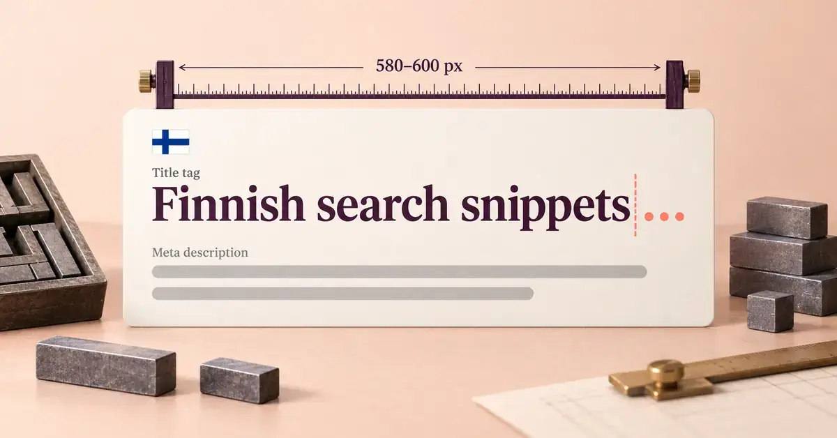 A Finnish search snippet on a typographer’s measuring bench illustrates the 580–600 pixel title width and space for a meta description.