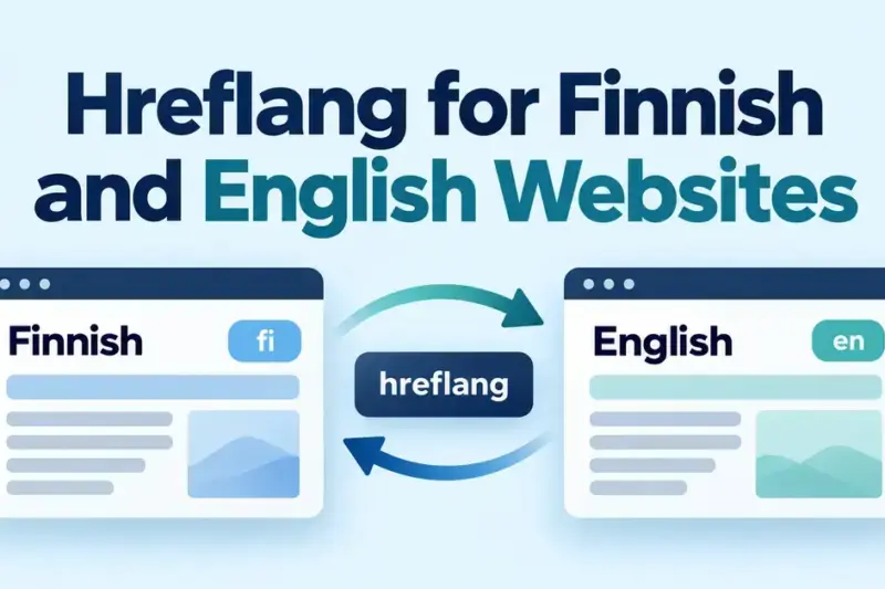 Finnish and English webpage illustrations labelled fi and en, connected by reciprocal arrows around a hreflang badge.