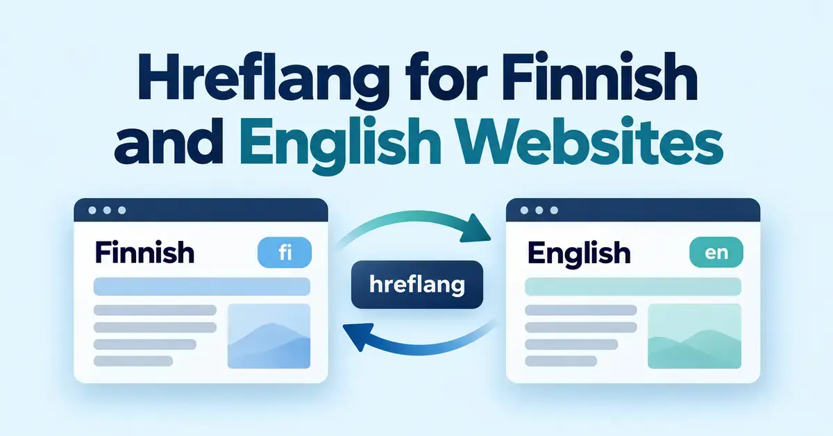 Finnish and English webpage illustrations labelled fi and en, connected by reciprocal arrows around a hreflang badge.