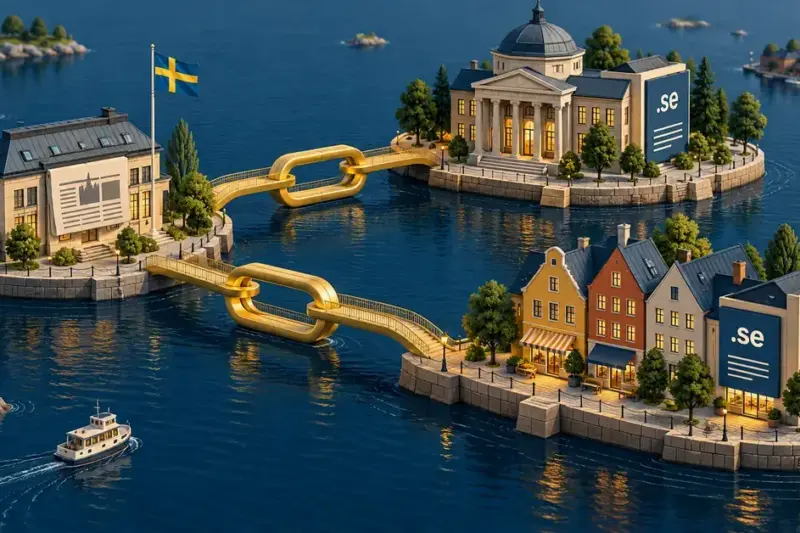 Golden chain-link bridges connect Swedish waterfront buildings marked .se, symbolising links between local media, institutions and businesses.