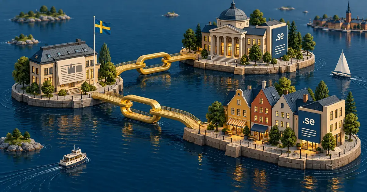 Golden chain-link bridges connect Swedish waterfront buildings marked .se, symbolising links between local media, institutions and businesses.