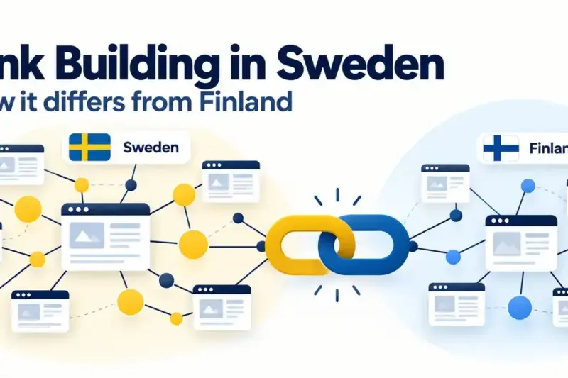 Illustration comparing link building in Sweden and Finland, with flag-labelled website networks connected by a blue and yellow chain link.