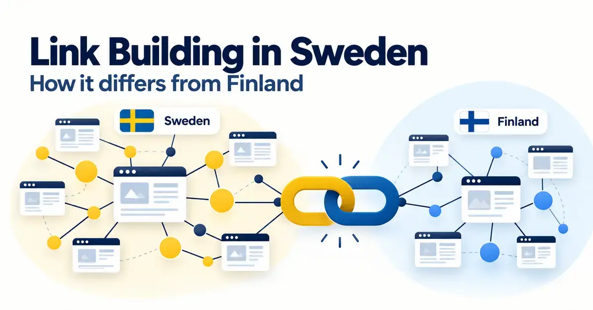 Illustration comparing link building in Sweden and Finland, with flag-labelled website networks connected by a blue and yellow chain link.