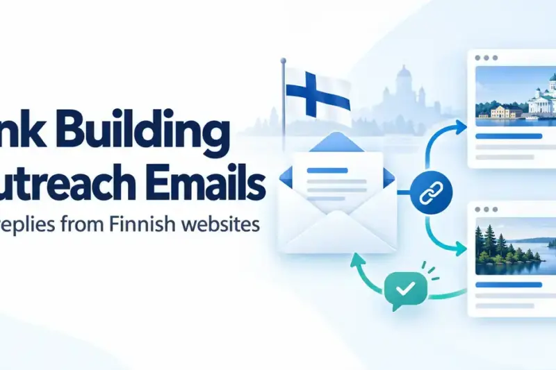 Illustration of an outreach email connected to Finnish website cards, with a Finnish flag and a reply confirmation symbol.