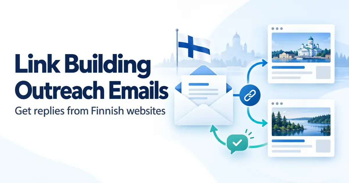 Illustration of an outreach email connected to Finnish website cards, with a Finnish flag and a reply confirmation symbol.