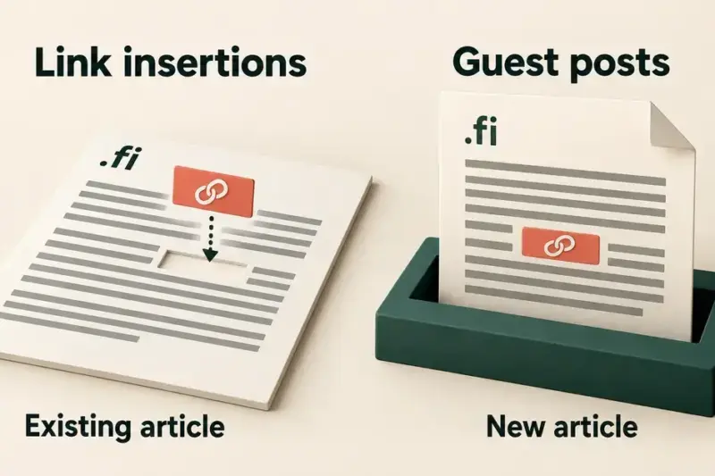 Comparison of a link being inserted into an existing .fi article and a new guest post published with a link already included.