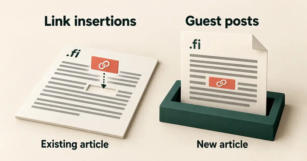 Comparison of a link being inserted into an existing .fi article and a new guest post published with a link already included.