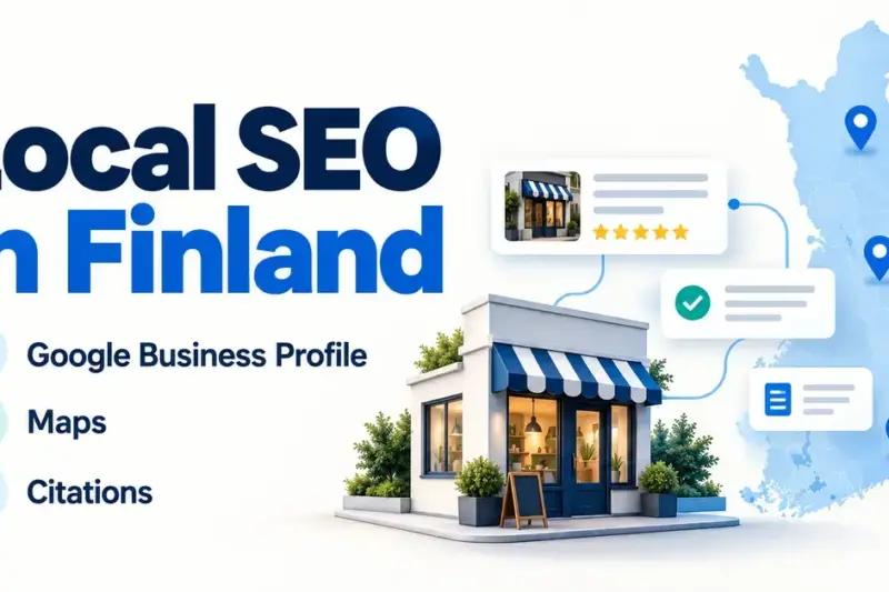 A local SEO graphic showing a Finnish map with location pins, a shop and business listing cards representing Google Business Profile, Maps and citations.