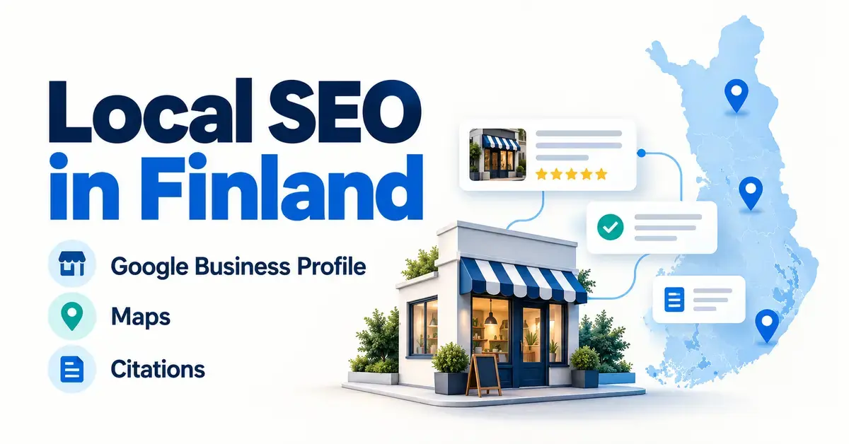 A local SEO graphic showing a Finnish map with location pins, a shop and business listing cards representing Google Business Profile, Maps and citations.
