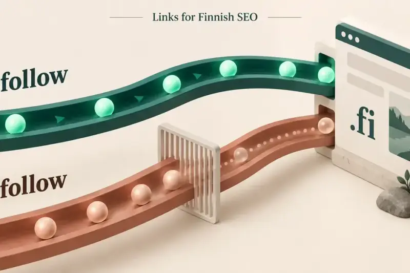 Teal dofollow and terracotta nofollow channels carry signals towards a .fi website, with a filter illustrating how nofollow attribution affects ranking signals.