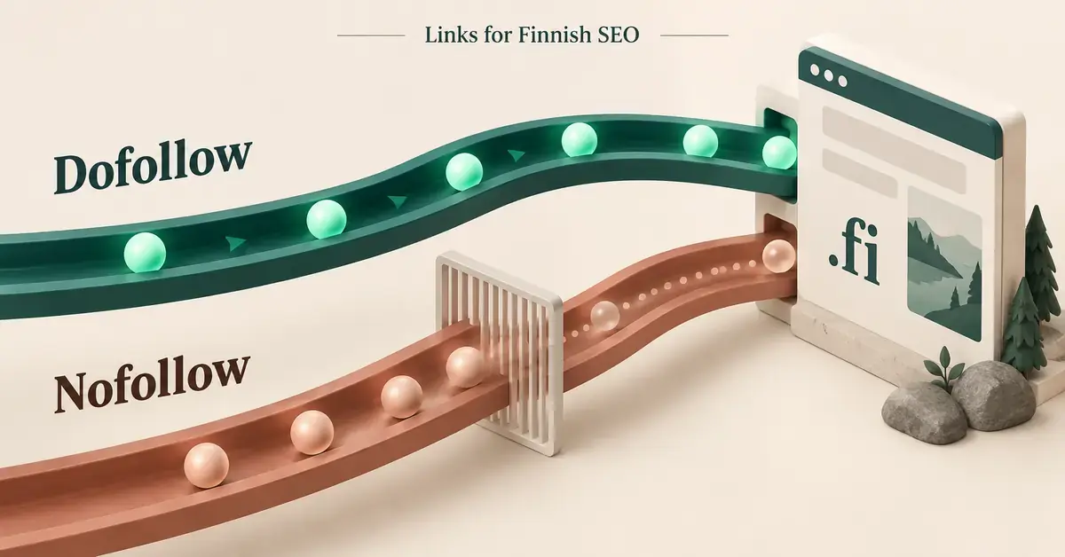 Teal dofollow and terracotta nofollow channels carry signals towards a .fi website, with a filter illustrating how nofollow attribution affects ranking signals.
