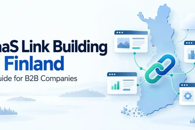 Graphic showing a map of Finland connected to software web pages and a cloud through chain links, alongside the title SaaS Link Building in Finland: A Guide for B2B Companies.