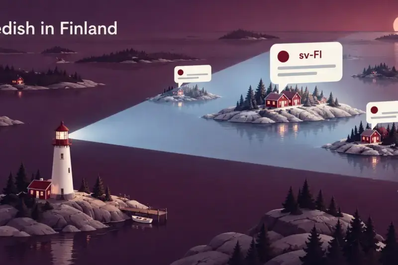 A lighthouse illuminates search-result cards marked sv-FI across a Finnish archipelago, symbolising SEO reaching Finland’s Swedish-speaking audience.