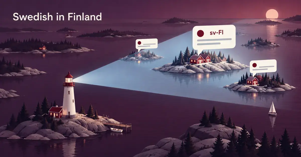 A lighthouse illuminates search-result cards marked sv-FI across a Finnish archipelago, symbolising SEO reaching Finland’s Swedish-speaking audience.
