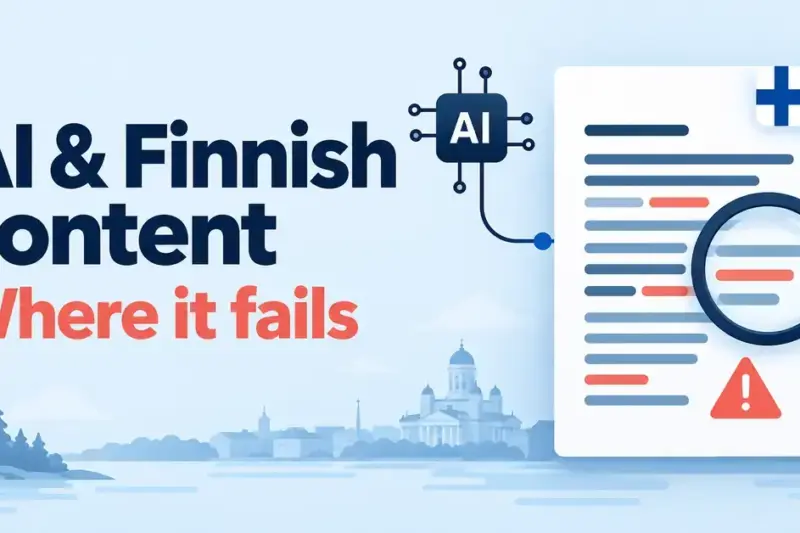 Graphic showing an AI chip beside a Finnish-flagged document with highlighted errors and a magnifying glass, titled ‘AI & Finnish content: Where it fails’.